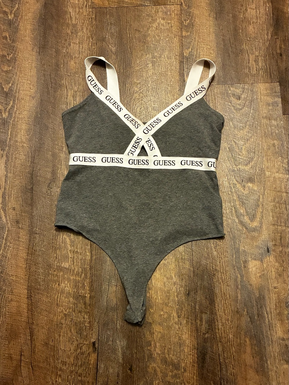 GUESS Gray Bodysuit with White Logo Straps